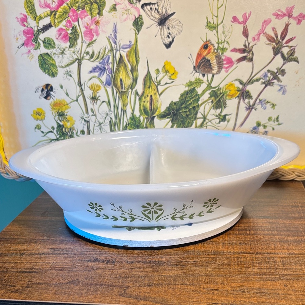 Vintage White Divided Serving Dish with Green Floral Design